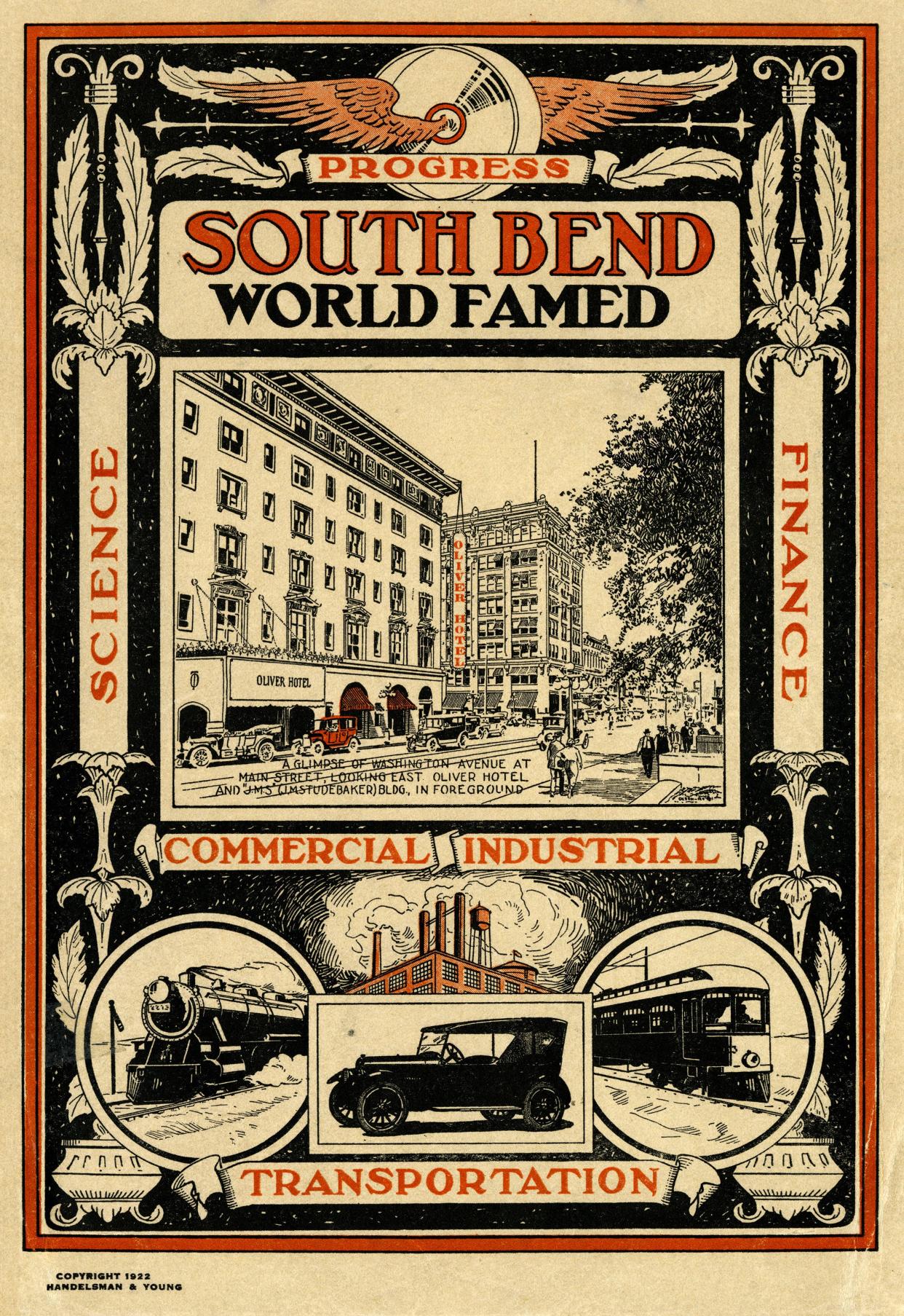 This artwork was used on the cover of a Chamber of Commerce booklet from 1922 and served as the inspiration for Tyler Foley's first-place entry in a contest to design a poster that looks ahead to the next 100 years in South Bend's history.