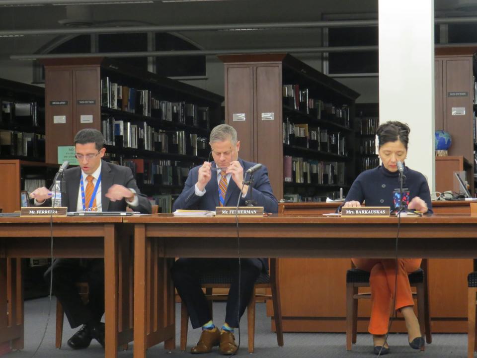 The Mountain Lakes Board of Education meets for the first time in 2024: from left are business administrator Alex Ferreira, Superintendent Michael Fethermen and board President Joanne Calabria Barkauskas.