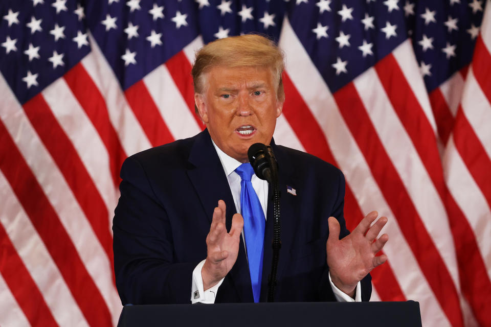 WASHINGTON, DC - NOVEMBER 04: U.S. President Donald Trump speaks on election night in the East Room of the White House in the early morning hours of November 04, 2020 in Washington, DC. Trump spoke shortly after 2am with the presidential race against Democratic presidential nominee Joe Biden still too close to call. (Photo by Chip Somodevilla/Getty Images)