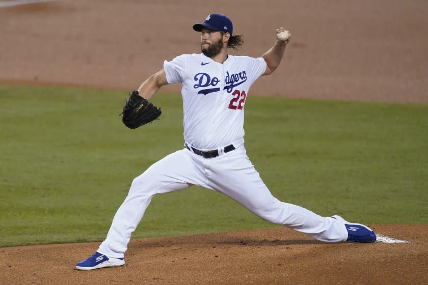 Los Angeles Dodgers starting pitcher Clayton Kershaw throws during the first inning of the team's baseball game.