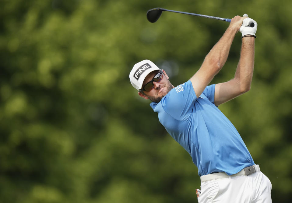 Corey Conners, of Canada, tees off on the 10th hole during the third round of the Canadian Open golf championship in Toronto, Ontario, Saturday, June 10, 2023. (Nathan Denette/The Canadian Press via AP)