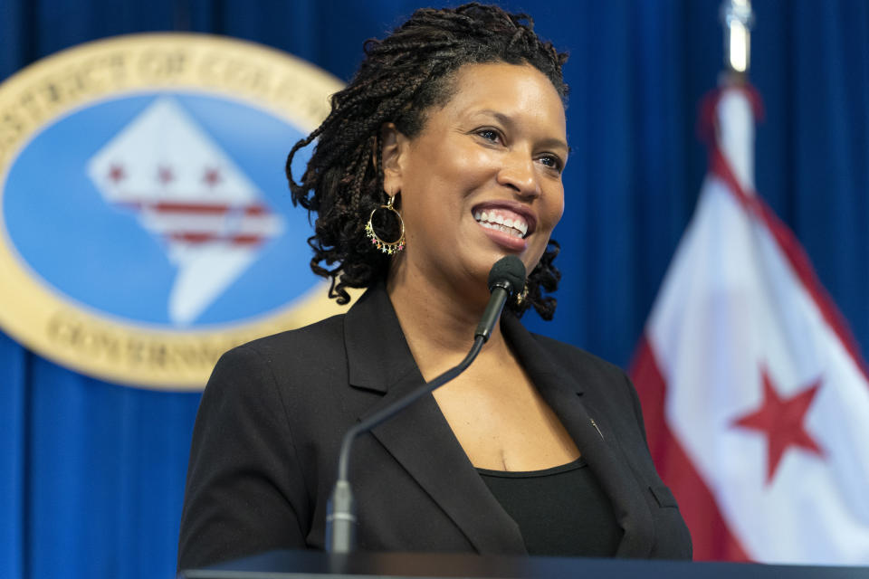 FILE - District of Columbia Mayor Muriel Bowser speaks to members of the media about her plans Nov. 9, 2022, in Washington, after winning her third term as mayor. The Republican-led House voted Feb. 9, 2023 to overturn a sweeping rewrite of the criminal code passed by the City Council last year and a new law that would grant noncitizens the right to vote in local elections. The moves may be partially symbolic since both would have to pass the Democratic-held Senate and be signed by President Joe Biden. (AP Photo/Jacquelyn Martin)