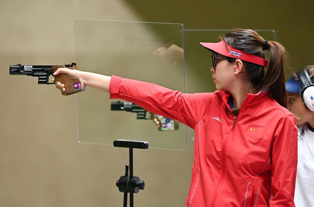 China's Wang Xiaojing takes part in the women's 25m pistol pre-event training during the Tokyo 2020 Olympic Games at the Asaka Shooting Range in the Nerima district of Tokyo on July 28, 2021.
