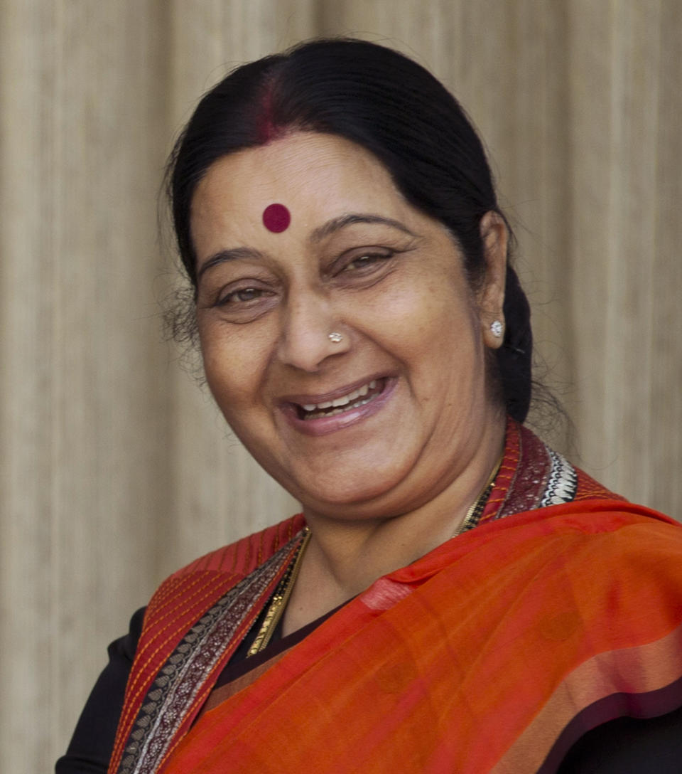 FILE - In this Jan. 12, 2016 file photo, Indian Foreign Minister Sushma Swaraj attends a meeting in New Delhi, India. Swaraj passed away in a New Delhi hospital on Tuesday, Aug. 6, 2019. She was 67. (AP Photo/Saurabh Das, File)