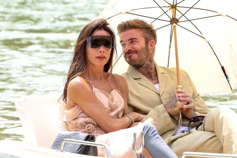 David Beckham and Victoria Beckham are seen during the "Le Chouchou" Jacquemus' Fashion Show at Chateau de Versailles on June 26, 2023 in Versailles, France.