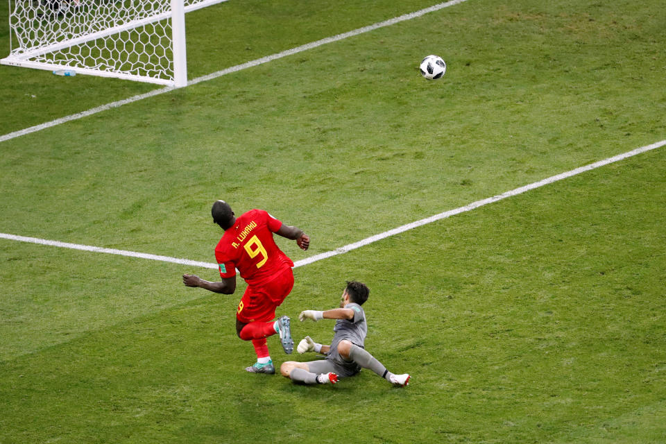 <p>Game over: Romelu Lukaku dinks Belgium’s third past Panama’s Jaime Penedo (REUTERS/Carlos Garcia Rawlins) </p>