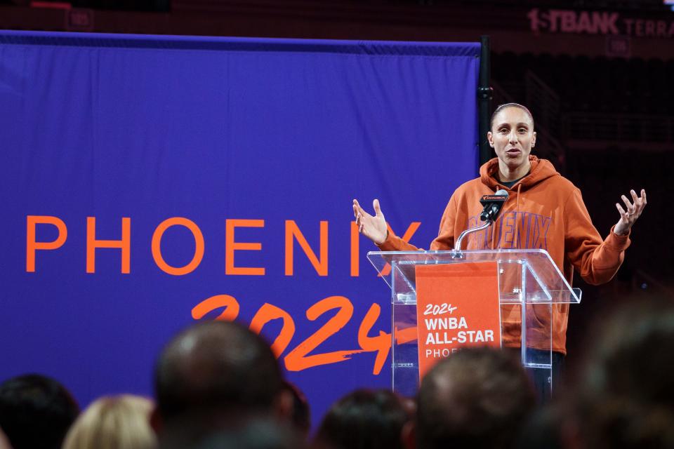 Phoenix Mercury guard and 10-time All-Star Diana Taurasi speaks at a news conference announcing Phoenix as the host of the 2024 WNBA All-Star game, photographed at Footprint Center on July 17, 2023, in Phoenix.