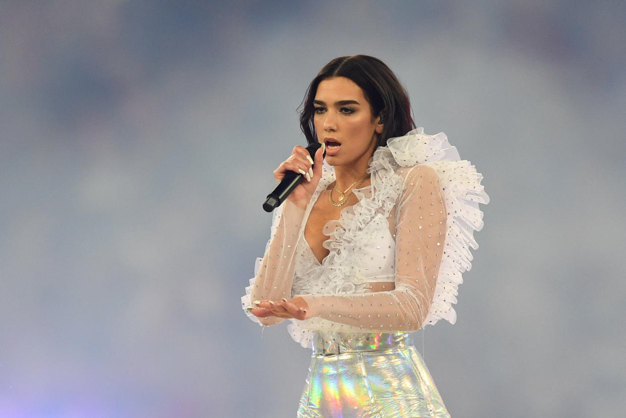 KIEV, UKRAINE - MAY 26:  Dua Lipa performs prior to the UEFA Champions League Final between Real Madrid and Liverpool at NSC Olimpiyskiy Stadium on May 26, 2018 in Kiev, Ukraine.  (Photo by Michael Regan/Getty Images)