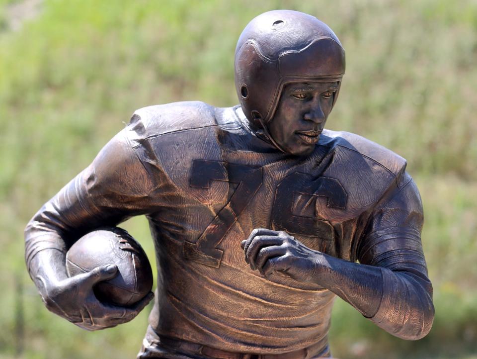 Marion Motley's statue is shown after being unveiled in Canton on Wednesday, Aug. 3, 2022.