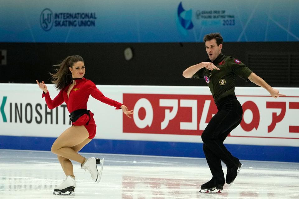 Canada's Laurence Fournier Beaudry and Nikolaj Sorensen practices ahead of the ISU Grand Prix of Figure Skating in Beijing, Wednesday, Dec. 6, 2023. (AP Photo/Ng Han Guan) ORG XMIT: XHG121