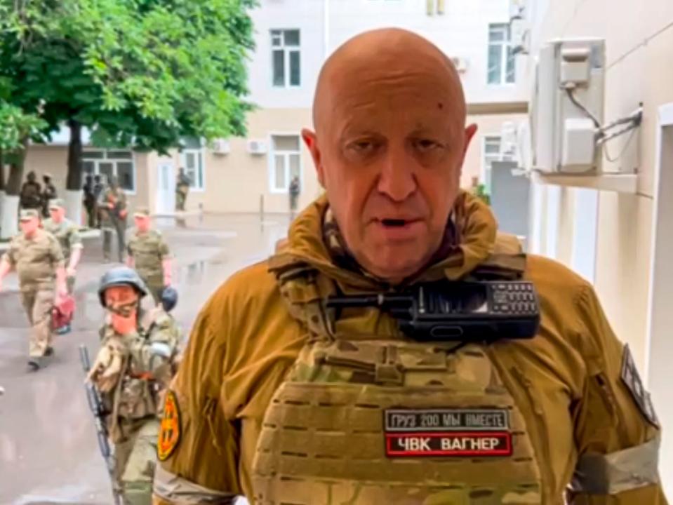 In this handout photo taken from a video released by Prigozhin Press Service, Yevgeny Prigozhin, the owner of the Wagner Group military company, records his video addresses in Rostov-on-Don, Russia, on June 24.