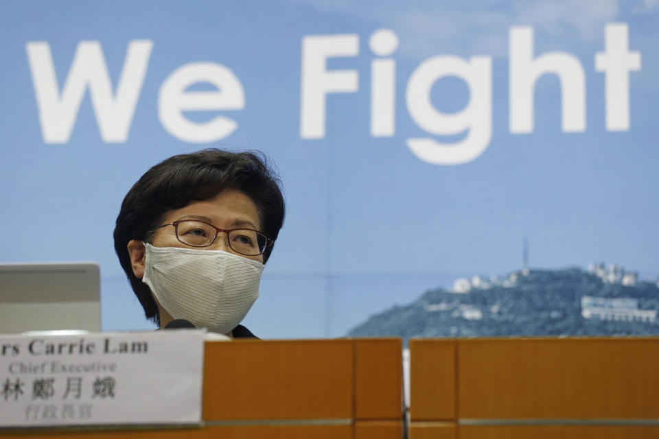 Hong Kong Chief Executive Carrie Lam speaks during a press conference in Hong Kong, Friday, July 31, 2020. She announced to postpone legislative elections scheduled for Sept. 6, citing a worsening coronavirus outbreak. (AP Photo/Kin Cheung)