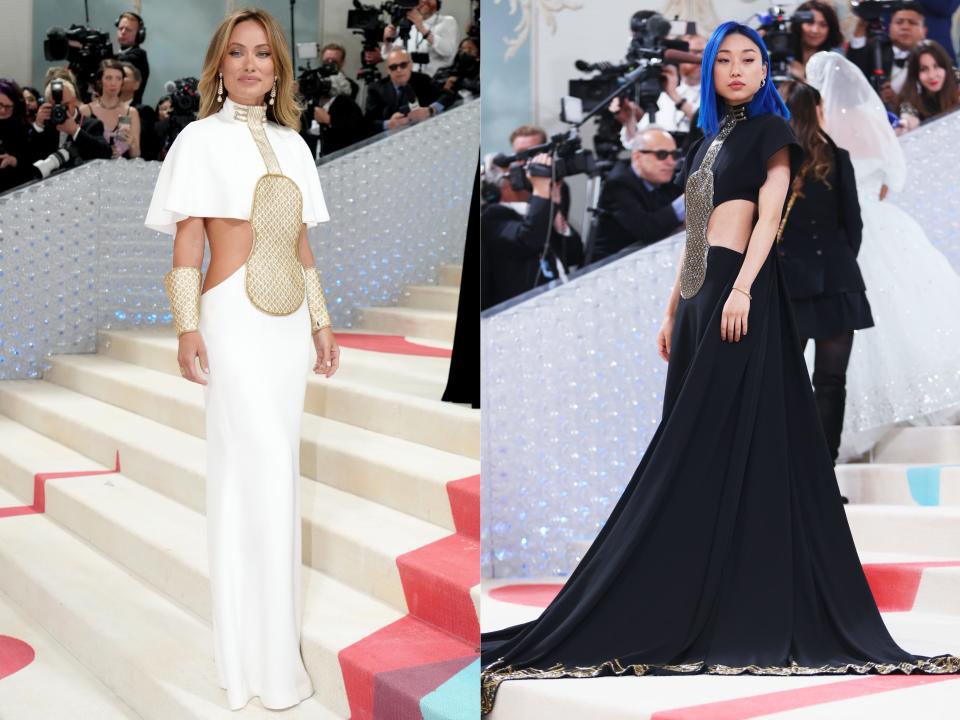 Split image: (L) Olivia Wilde at the 2023 Met Gala. (R) Margaret Zhang at the 2023 Met Gala.