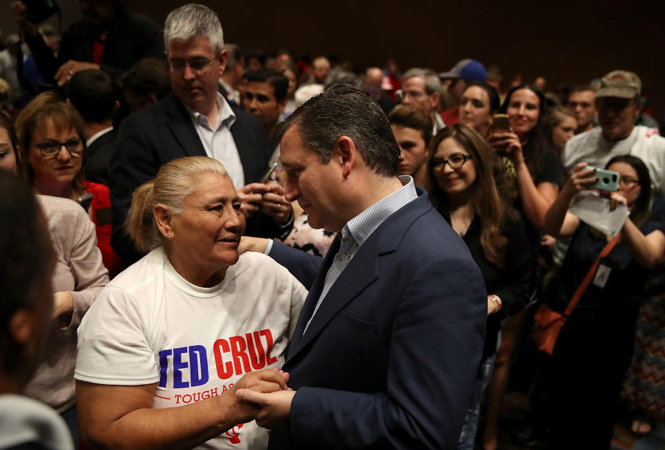 U.S. Sen. Ted Cruz, R-Texas, greets a supporter during a Get Out The Vote Bus Tour rally on Saturday in Corpus Christi, Texas. (Photo: Justin Sullivan/Getty Images)