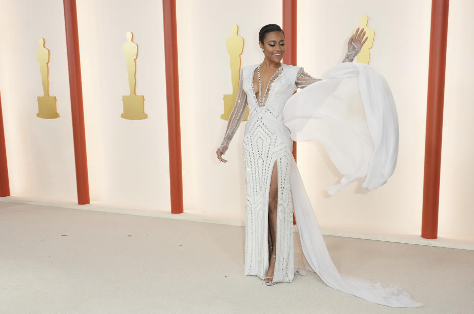 Ariana DeBose arrives at the Oscars on Sunday, March 12, 2023, at the Dolby Theatre in Los Angeles. (Photo by Jordan Strauss/Invision/AP)