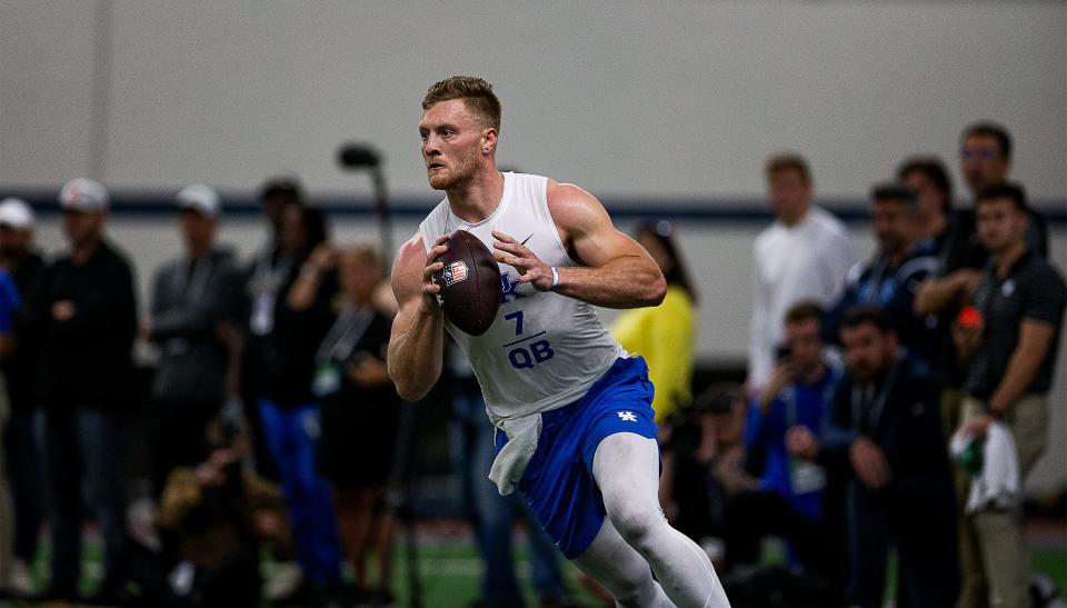 University of Kentucky senior quarterback Will Levis rolled out for a pass during a Pro Day workout at Nutter Field House in Lexington, Ky., on Friday, Mar. 24, 2023