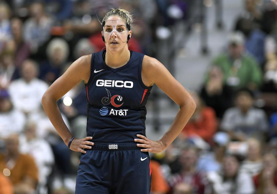 Washington Mystics' Elena Delle Donne stands on the court during the second half in Game 3 of basketball's WNBA Finals, Sunday, Oct. 6, 2019, in Uncasville, Conn. (AP Photo/Jessica Hill)