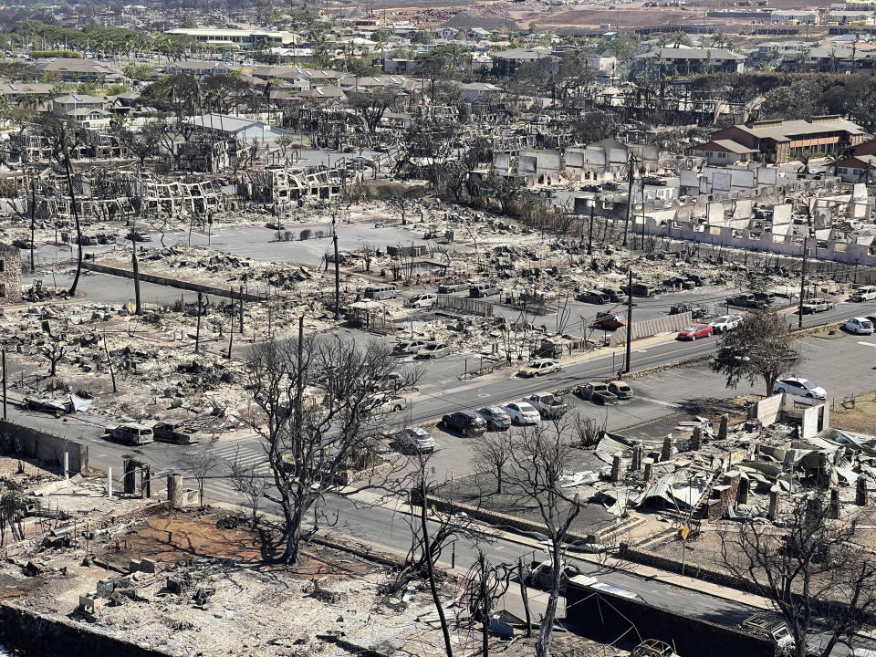 This photo provided by the Hawaii Department of Land and Natural Resources shows burnt areas in Lahaina on the Maui island, Hawaii, Friday, Aug. 11, 2023, following a wildfire. (Hawaii Department of Land and Natural Resources via AP)