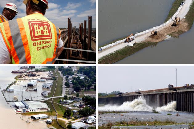 A series of file photos show the second-ever opening of the Morganza Spillway in 2011 to help control major Mississippi River flooding that spring. Top left: Workers with the U.S. Army Corps of Engineers prepare to open a bay on the structure, which will allow water from the Mississippi River to divert into the Atchafalaya Basin. Top right: Workers top a levee with sandbags near the Mississippi River. Bottom left: Buildings outside of levee protection take on floodwater in Morgan City, Louisiana, on May 12, 2011, two days before the spillway was opened. Bottom right: Water diverted from the Mississippi River spills through a bay in the Morganza Spillway on May 14, 2011. A steel, 10-ton floodgate was slowly raised for the first time since 1973, unleashing a torrent of water from the Mississippi River, away from heavily populated areas downstream. (Photo: Patrick Semansky via AP)