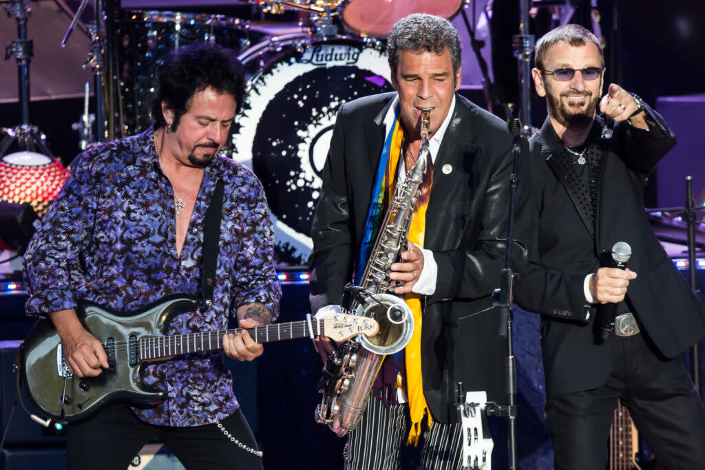 With Steve Lukather and Ringo Starr at The Greek Theatre, July 21, 2012 in Los Angeles. (Credit: Chelsea Lauren/WireImage)