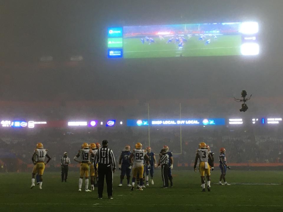 A dense fog sits over the field at Ben Hill Griffin Stadium during the Florida Gators' game vs. LSU on Saturday, Dec. 12, 2020, in Gainesville, Fla.