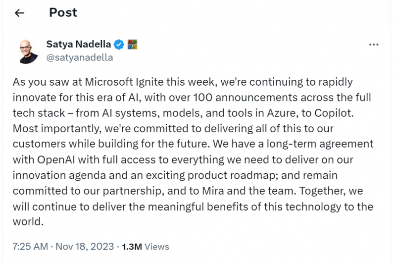 <cite>微軟執行長納德拉指出，OpenAI的高層人事異動，不會影響雙方合作關係。（圖／翻攝自X／Satya Nadella）</cite>