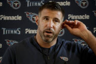 Tennessee Titans' head coach Mike Vrabel gives a press conference after an NFL training session at Syon House, in Syon Park, south west London, Friday, Oct. 19, 2018. The Tennessee Titans are preparing for an NFL regular season game against the Los Angeles Chargers in London on Sunday. (AP Photo/Matt Dunham)