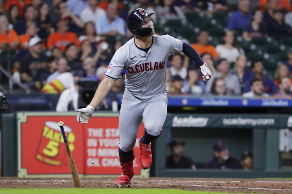 Cleveland Guardians’ designated hitter <a class="link " href="https://sports.yahoo.com/mlb/players/12703/" data-i13n="sec:content-canvas;subsec:anchor_text;elm:context_link" data-ylk="slk:Will Brennan;sec:content-canvas;subsec:anchor_text;elm:context_link;itc:0">Will Brennan</a> flips his bat as he watches his home run against the Houston Astros during the fifth inning of a baseball game Wednesday, May 1, 2024, in Houston. (AP Photo/Michael Wyke)