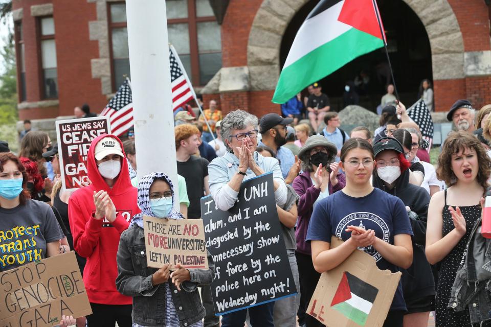 Hundreds of University of New Hampshire students and some faculty take part in a pro-Palestinian rally on the Thompson Hall law Monday, May 6, 2024.
