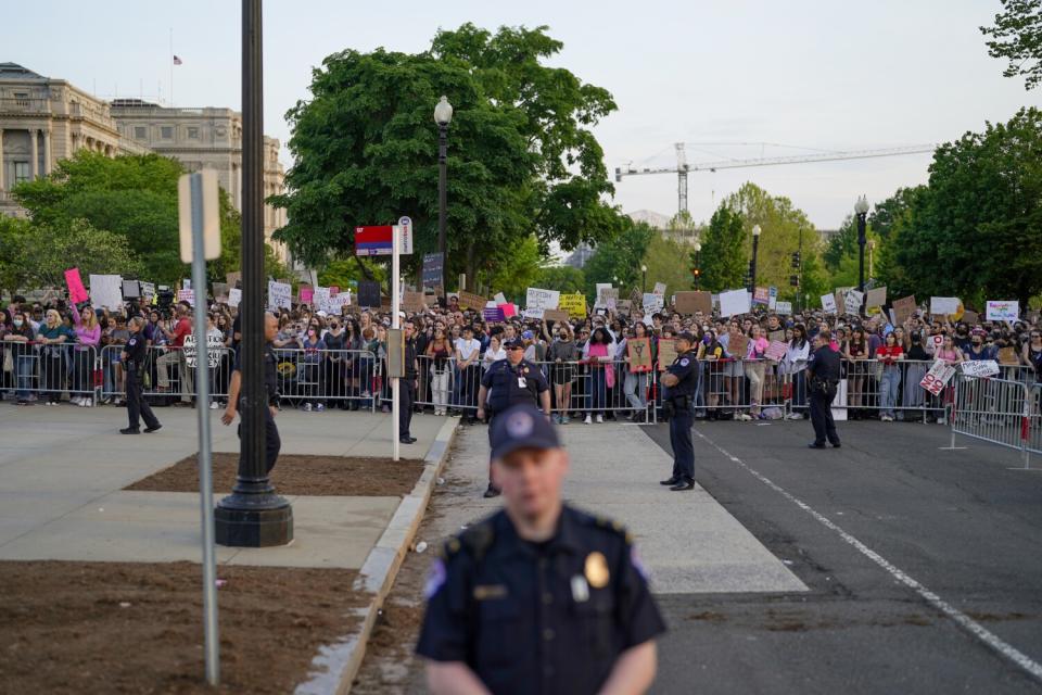 Police officers stand in the foreground as a huge crowd stands behind a metal barricade in the back.