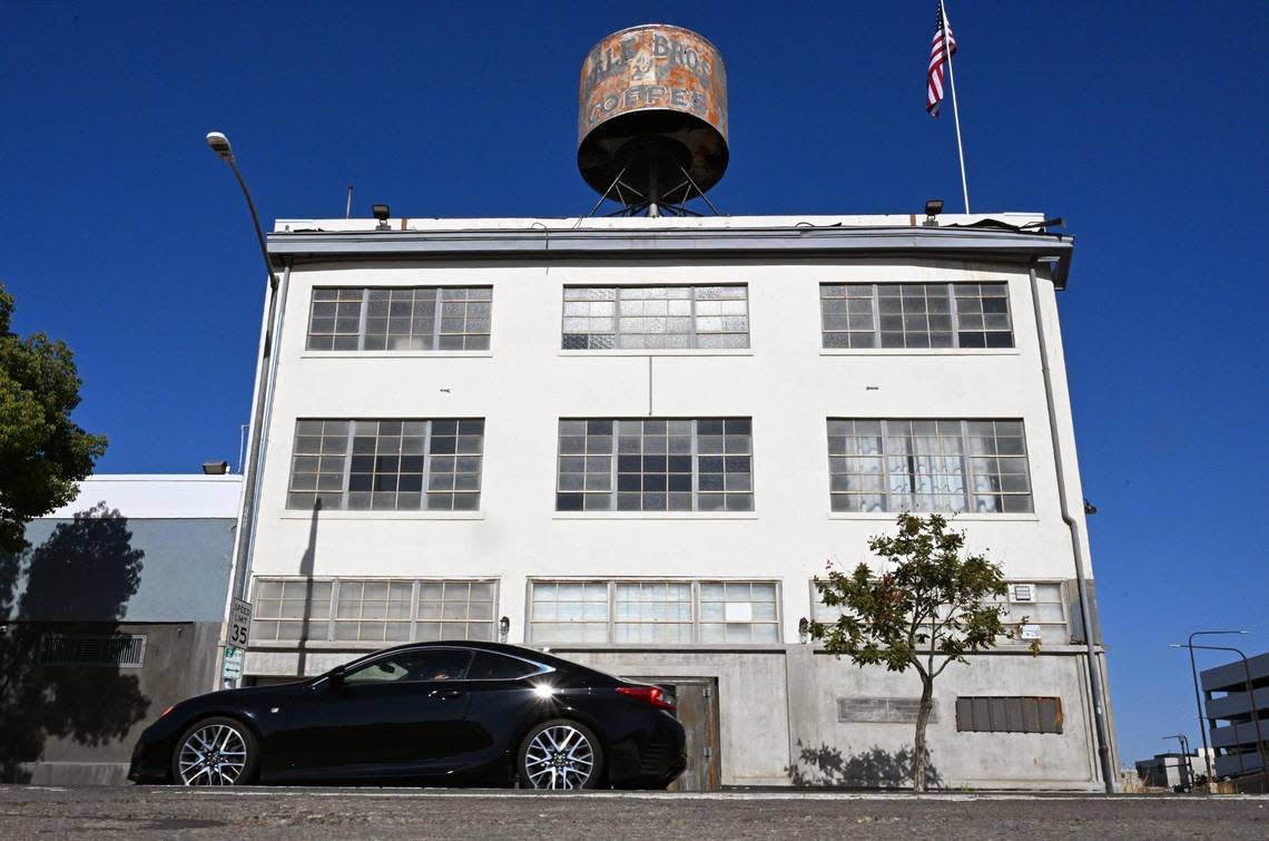 The faded and rusted historical Dale Bros. Coffee landmark, seen perched on top of a building on H Street, is slated to be removed. Photographed Tuesday, Oct. 3, 2023 in Fresno.