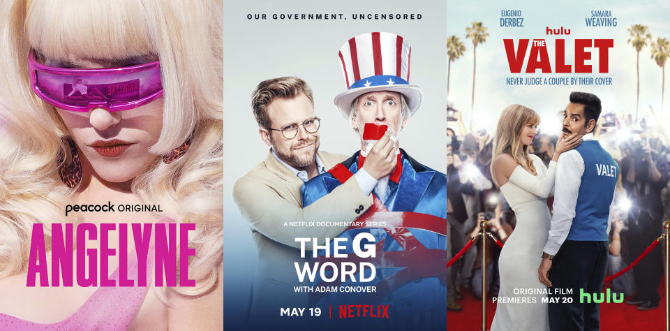 This combination of photos shows promotional art for "Angelyne," a limited series premiering May 19 on Peacock, left, "The G Word With Adam Conover," debuting Thursday, May 19, on Netflix and "The Valet," a film premiering May 20 on Hulu. (Peacock/Netflix/Hulu via AP)