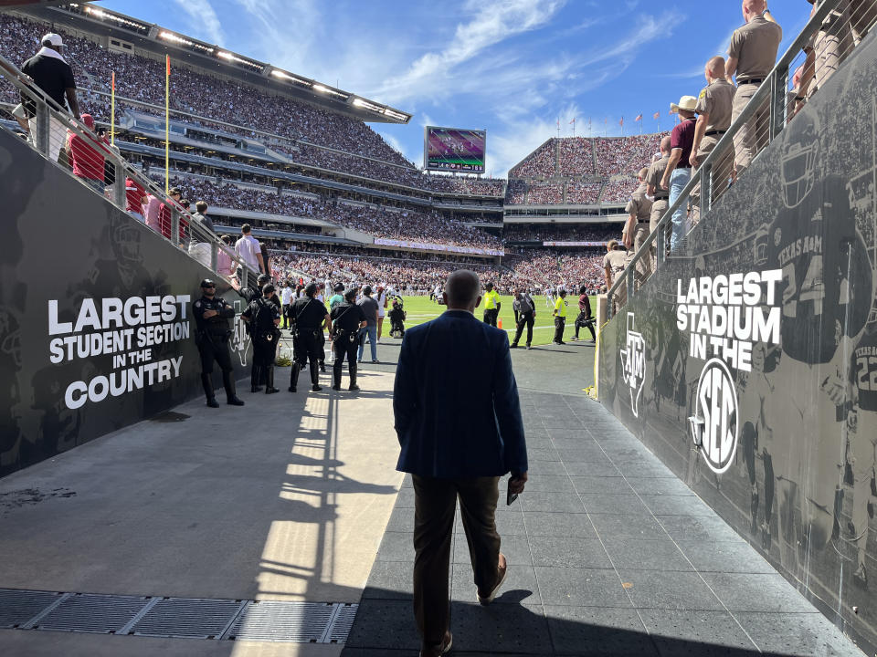 SEC commissioner Greg Sankey walks out of the tunnel during Texas A&M's game against Alabama at Kyle Field on Saturday. (Photo credit: Yahoo Sports)