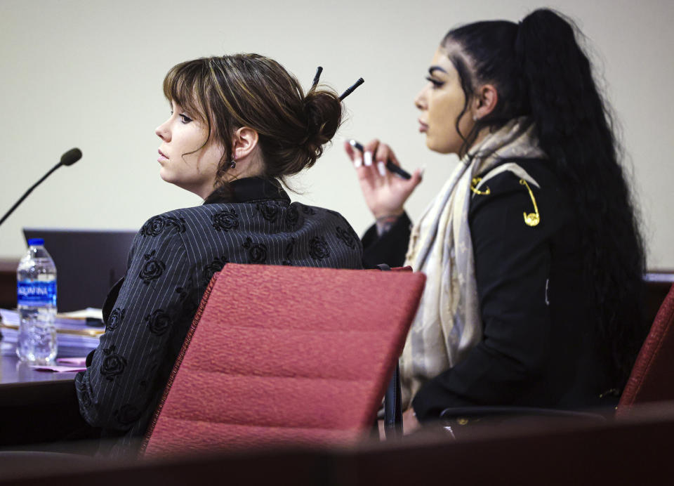 Hannah Gutierrez-Reed, left, listens to a crime scene technician being questioned during her trial at the First Judicial District Courthouse in Santa Fe, N.M. on Friday, Feb. 23, 2024. (Gabriela Campos/The New Mexican via AP, Pool)