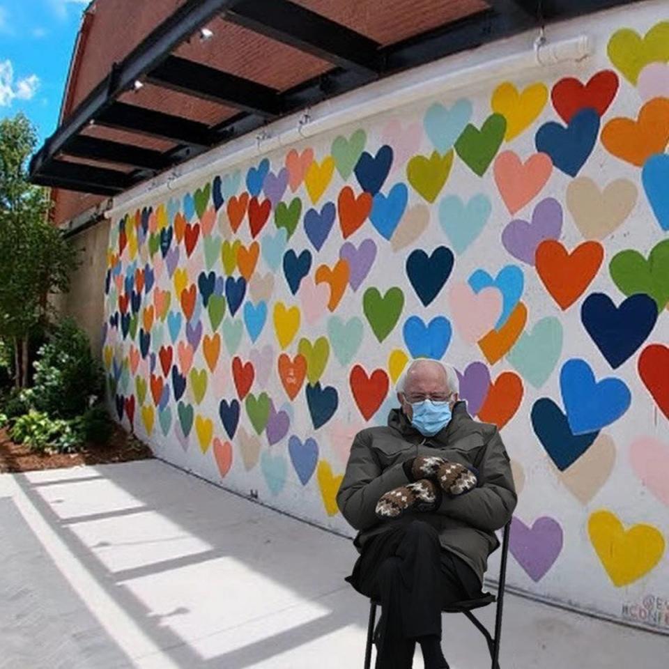 Bernie Sanders is memed by Charlotte is Creative at Evelyn Henson’s Confetti Hearts Wall in South End. We aren’t sure if Bernie has tried Pepperbox Doughnuts yet.