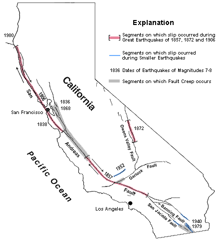 Major California faults. The Hayward fault is just east (right)  of San Francisco.