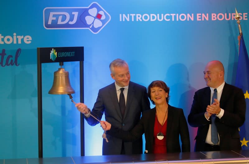 Debut of Francaise des Jeux on Euronext Paris stock market in Courbevoie near Paris