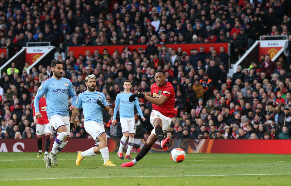 Anthony Martial's goal was ultimately the difference as Manchester United swept both Premier League meetings vs. Manchester City this season. (Photo by John Peters/Manchester United via Getty Images)