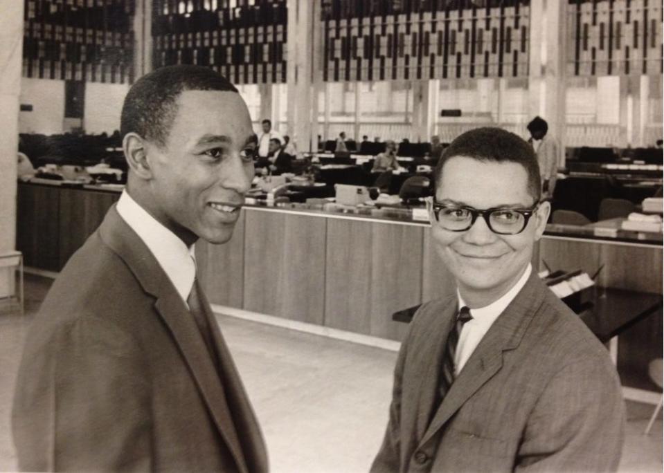 As a young member of the Detroit Pistons, Dave Bing (left) usually had most of the answers on the basketball court. However, Aubrey Lee Sr. helped Bing prepare for a career after basketball when he hired Bing for a management-training program at NBD Bank.