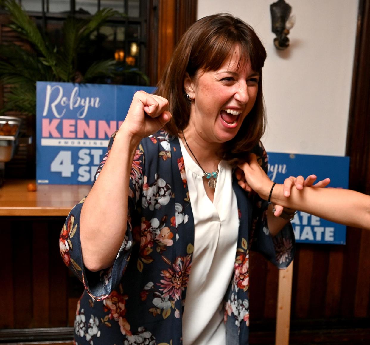 State Senate candidate Robyn Kennedy celebrates her Democratic primary win on Sept. 6.