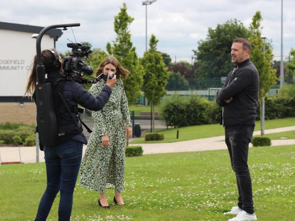 Paddy McGuinness and Amy McGowan behind the scenes at Sedgefield Community College (BBC/Raw Factual Ltd)