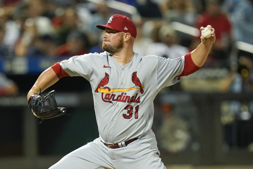 St. Louis Cardinals' Jon Lester delivers a pitch during the first inning of a baseball game against the New York Mets Wednesday, Sept. 15, 2021, in New York. (AP Photo/Frank Franklin II)