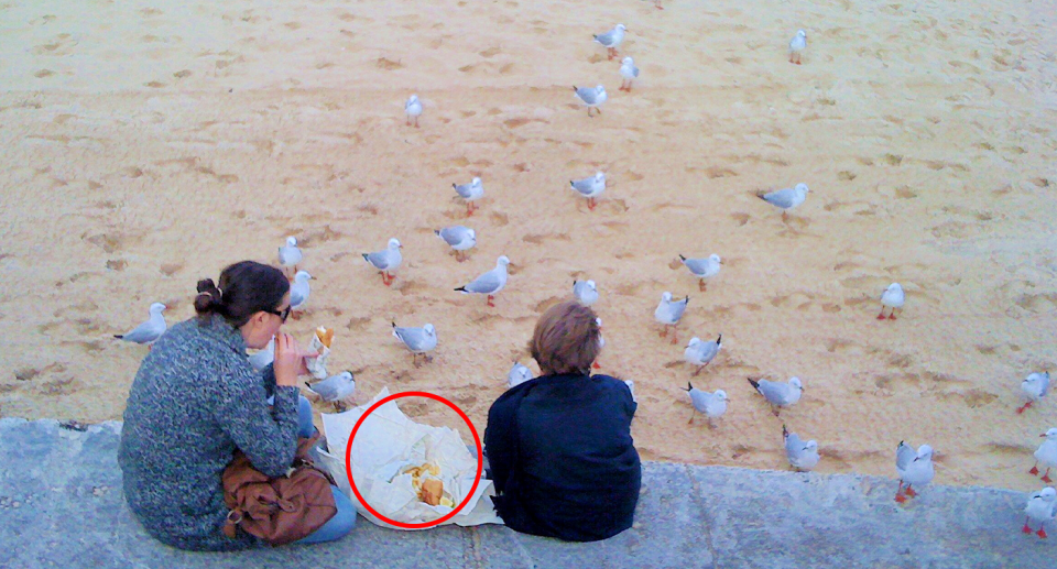 Two women eating fish and chips on the beach while seagulls watch.