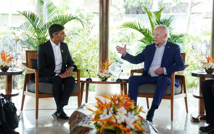 Rishi Sunak holds talks with Joe Biden at the G20 summit in Bali, Indonesia, today - Kevin Lamarque/Reuters