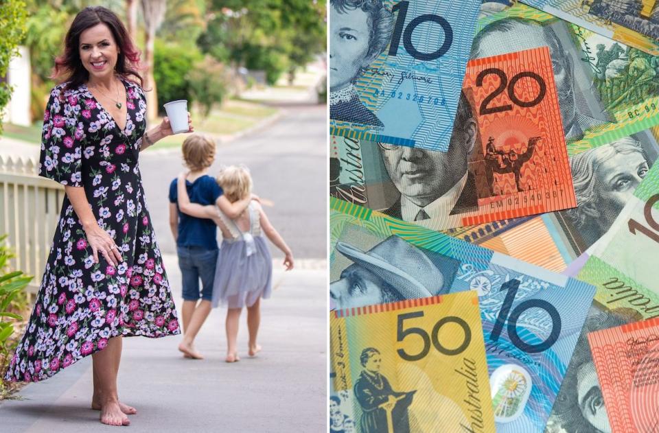 Compilation image of Nicole on her driveway with her kids in the background and a pile of money
