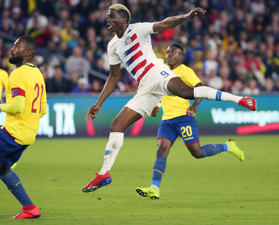 The USA's Gyasi Zardes (9) scores the game's only goal against Ecuador during a friendly at Orlando City Stadium on Thursday, March 21, 2019, in Orlando, Fla. (Stephen M. Dowell/Orlando Sentinel/TNS via Getty Images)