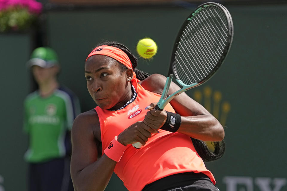 FILE - Coco Gauff, of the United States, returns a shot to Aryna Sabalenka, of Belarus, at the BNP Paribas Open tennis tournament March 15, 2023, in Indian Wells, Calif. Gauff beat Julia Grabher 6-1, 6-3 in Delray Beach, Fla., on Friday, April 14, to help the U.S. team take a 2-0 lead against Austria in a Billie Jean King Cup qualifier. (AP Photo/Mark J. Terrill, File)