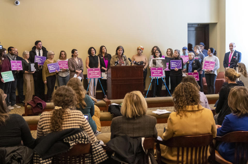 Annabel Sheinberg, from Planned Parenthood, speaks during a news conference Wednesday, March 1, 2023, in Salt Lake City, to discuss the bills being considered by state legislature that would limit abortion access in Utah. (Rick Egan/The Salt Lake Tribune via AP)