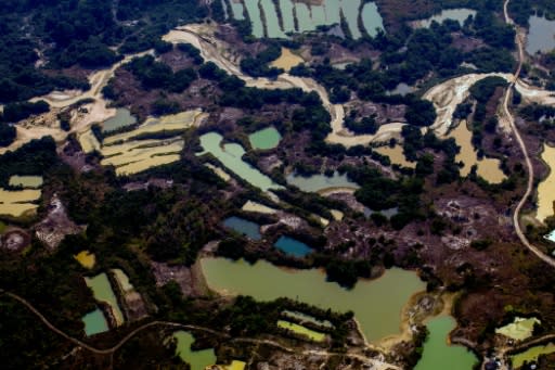 An aerial photo taken on August 28, 2019 shows the Esperanca IV informal gold mining camp in the Amazon basin in Brazil