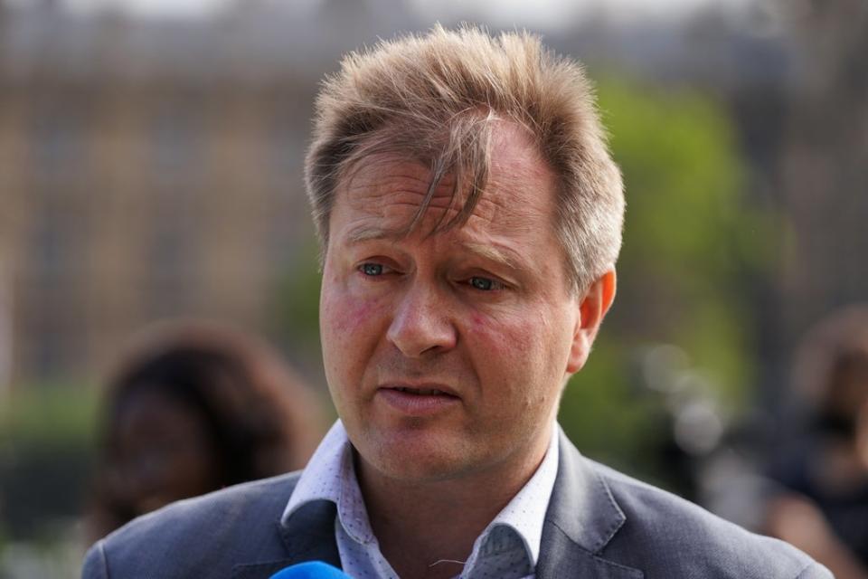 Richard Ratcliffe speaks to the media beside a game of giant snakes and ladders in Parliament Square, London, to mark the 2,000th day his wife Nazanin Zaghari-Ratcliffe has been detained in Iran. Picture date: Thursday September 23, 2021. (PA Wire)